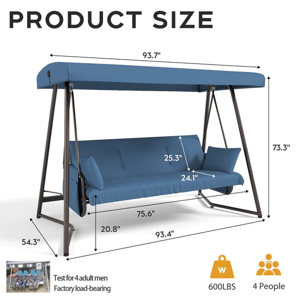 English Elm 3-in-1 Outdoor Hanging Swing Bed Steel Frame 600 Lb Capacity Adjustable Canopy Patio Lounger Blue W3979P393032