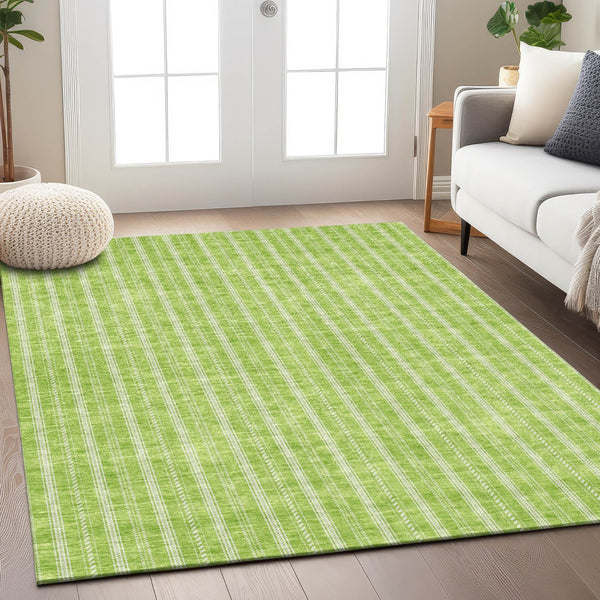 Homeroots 3' Artichoke Green And Ivory Striped Washable Rug For Indoor And Outdoor Spaces - Durable Design 8' X 10' Polyester 595880