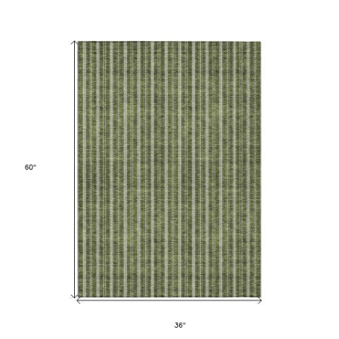 Homeroots 3' Artichoke Green And Ivory Striped Washable Rug For Indoor And Outdoor Spaces - Durable Design 3' X 5' Polyester 595883