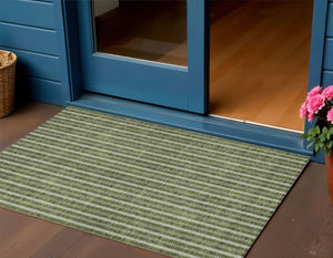 Homeroots 3' Artichoke Green And Ivory Striped Washable Rug For Indoor And Outdoor Spaces - Durable Design 3' X 5' Polyester 595883