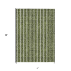 Homeroots 3' Artichoke Green And Ivory Striped Washable Rug For Indoor And Outdoor Spaces - Durable Design 5' X 8' Polyester 595884