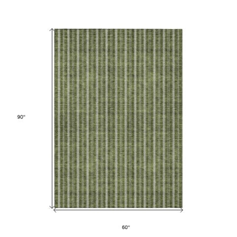 Homeroots 3' Artichoke Green And Ivory Striped Washable Rug For Indoor And Outdoor Spaces - Durable Design 5' X 8' Polyester 595884
