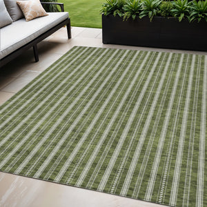 Homeroots 3' Artichoke Green And Ivory Striped Washable Rug For Indoor And Outdoor Spaces - Durable Design 5' X 8' Polyester 595884