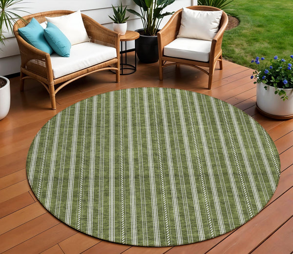 Homeroots 3' Artichoke Green And Ivory Striped Washable Rug For Indoor And Outdoor Spaces - Durable Design 8' Round Polyester 595885