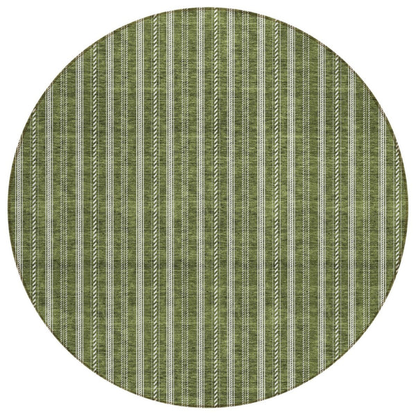 HomeRoots 5' Olive Green and Ivory Striped Area Rug - Durable, Washable, Ideal for Indoor and Outdoor Spaces 8' Round 595885