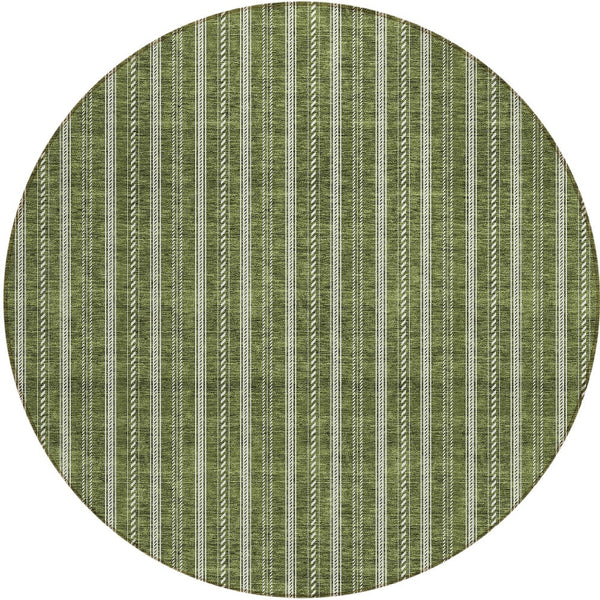 Homeroots 3' Artichoke Green And Ivory Striped Washable Rug For Indoor And Outdoor Spaces - Durable Design 8' Round Polyester 595885