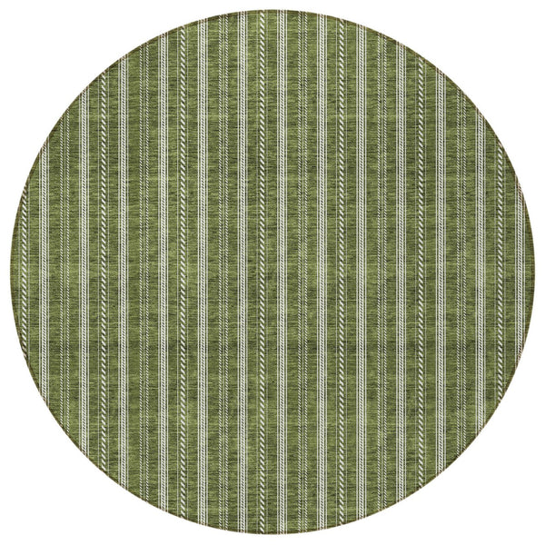 Homeroots 3' Artichoke Green And Ivory Striped Washable Rug For Indoor And Outdoor Spaces - Durable Design 8' Round Polyester 595885