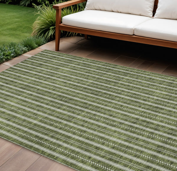 Homeroots 3' Artichoke Green And Ivory Striped Washable Rug For Indoor And Outdoor Spaces - Durable Design 8' X 10' Polyester 595886