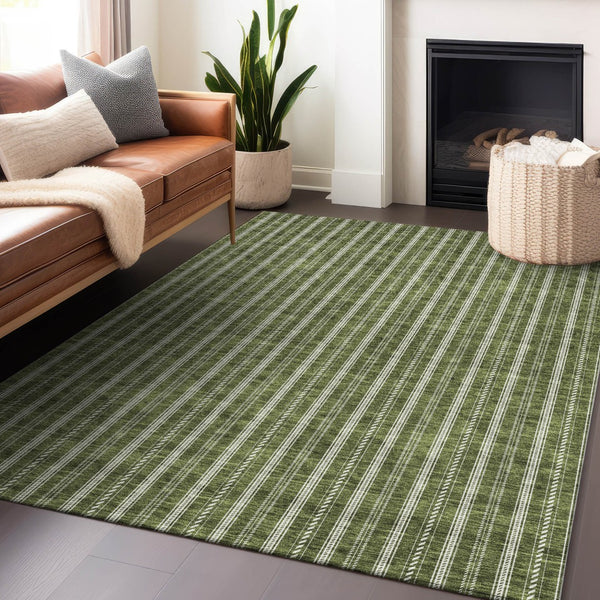 Homeroots 3' Artichoke Green And Ivory Striped Washable Rug For Indoor And Outdoor Spaces - Durable Design 9' X 12' Polyester 595887
