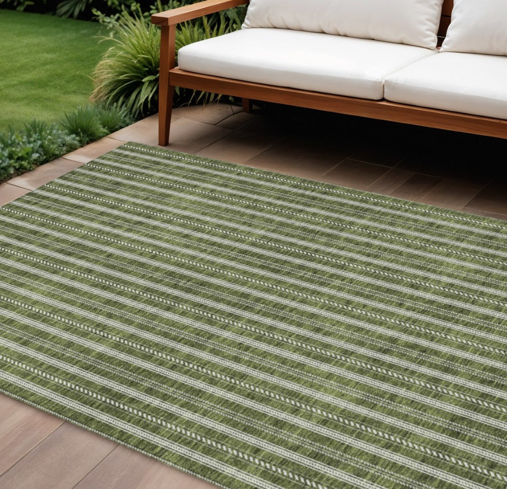 HomeRoots 5' Olive Green and Ivory Striped Area Rug - Durable, Washable, Ideal for Indoor and Outdoor Spaces 10' X 14' 595888