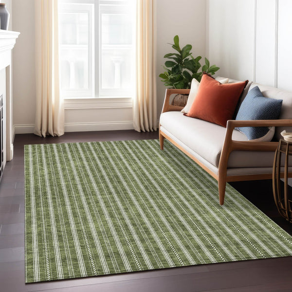 Homeroots 3' Artichoke Green And Ivory Striped Washable Rug For Indoor And Outdoor Spaces - Durable Design 10' X 14' Polyester 595888