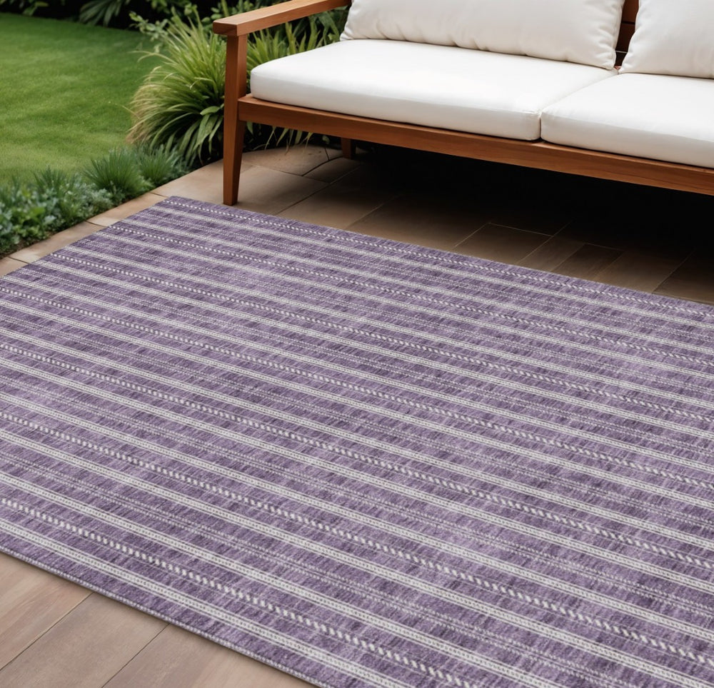 HomeRoots 9' X 12' Durable Purple and Ivory Striped Washable Area Rug for Indoor and Outdoor Spaces 595893