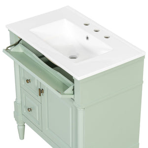 English Elm 30" Freestanding Bathroom Vanity Rubberwood Frame Ceramic Sink Flip Drawer Storage Green N725P356062F