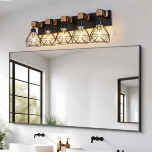 English Elm 31" Modern Geometric 5-Light Vanity Fixture With Black Metal & Wood Accents For Stylish Spaces W2312P374932