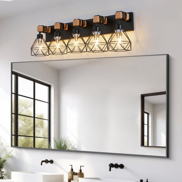 English Elm 31" Modern Geometric 5-Light Vanity Fixture With Black Metal & Wood Accents For Stylish Spaces W2312P374932