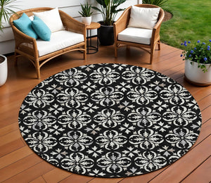 Homeroots 3' Black And Ivory Floral Washable Area Rug - Stylish And Versatile For Indoor Or Outdoor Use 8' Round Polyester 595927