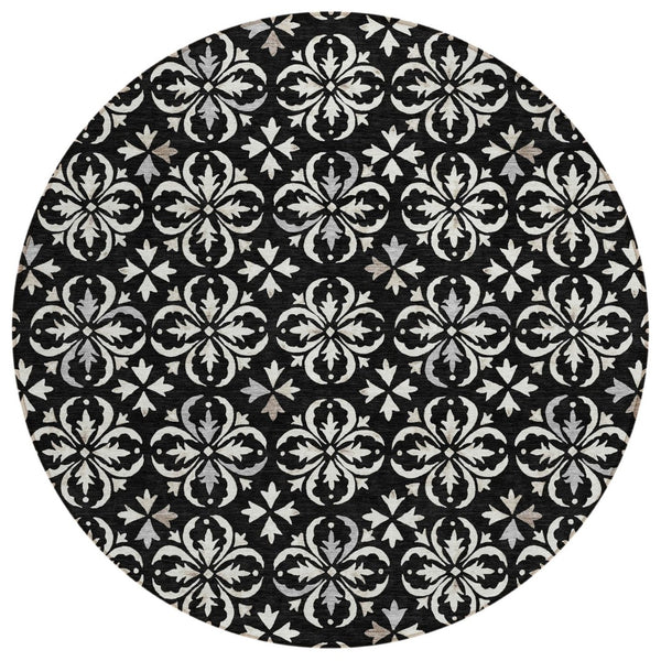 HomeRoots 5' Elegant Black and Ivory Floral Area Rug - Durable, Washable Design for Indoor and Outdoor Use 8' Round 595927
