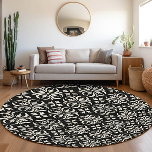 Homeroots 3' Black And Ivory Floral Washable Area Rug - Stylish And Versatile For Indoor Or Outdoor Use 8' Round Polyester 595927