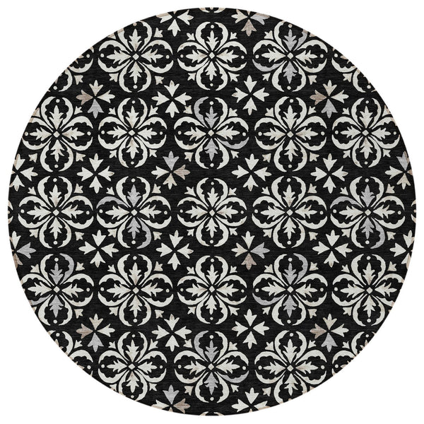 Homeroots 3' Black And Ivory Floral Washable Area Rug - Stylish And Versatile For Indoor Or Outdoor Use 8' Round Polyester 595927