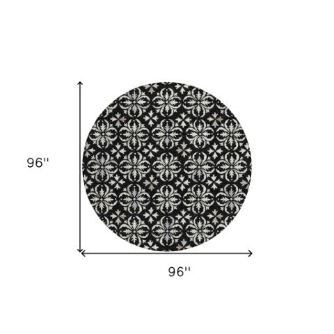 Homeroots 3' Black And Ivory Floral Washable Area Rug - Stylish And Versatile For Indoor Or Outdoor Use 8' Round Polyester 595927
