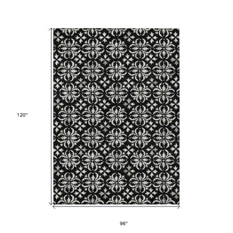 Homeroots 3' Black And Ivory Floral Washable Area Rug - Stylish And Versatile For Indoor Or Outdoor Use 8' X 10' Polyester 595928
