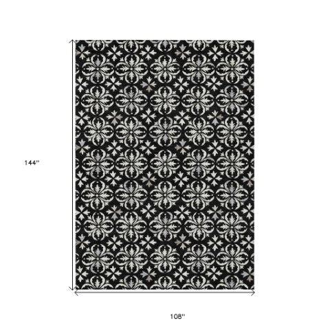 Homeroots 3' Black And Ivory Floral Washable Area Rug - Stylish And Versatile For Indoor Or Outdoor Use 9' X 12' Polyester 595929