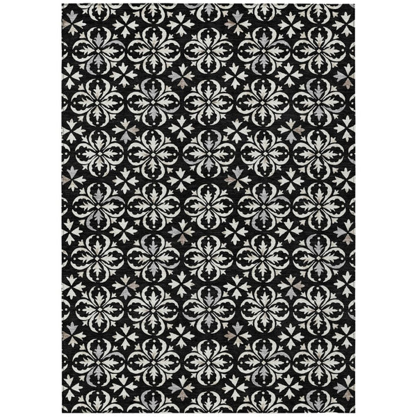 HomeRoots 9' X 12' Black And Ivory Floral Area Rug - Washable, Durable, Indoor/Outdoor, Stain-Resistant Design 595929