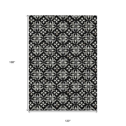 Homeroots 3' Black And Ivory Floral Washable Area Rug - Stylish And Versatile For Indoor Or Outdoor Use 10' X 14' Polyester 595930