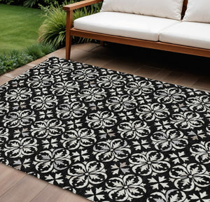 HomeRoots 5' Elegant Black and Ivory Floral Area Rug - Durable, Washable Design for Indoor and Outdoor Use 10' X 14' 595930