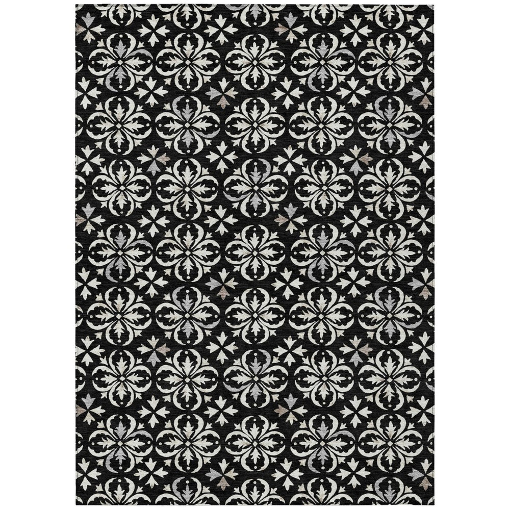 HomeRoots 5' Elegant Black and Ivory Floral Area Rug - Durable, Washable Design for Indoor and Outdoor Use 10' X 14' 595930
