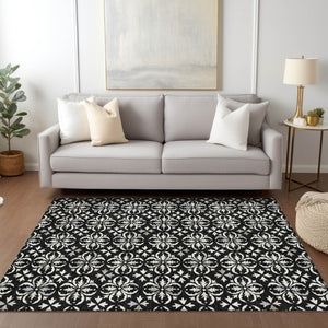 Homeroots 3' Black And Ivory Floral Washable Area Rug - Stylish And Versatile For Indoor Or Outdoor Use 10' X 14' Polyester 595930