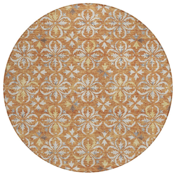 HomeRoots 5' Elegant Copper Gray and Beige Floral Area Rug - Machine Washable, Durable for Indoor & Outdoor Use 8' Round 595939
