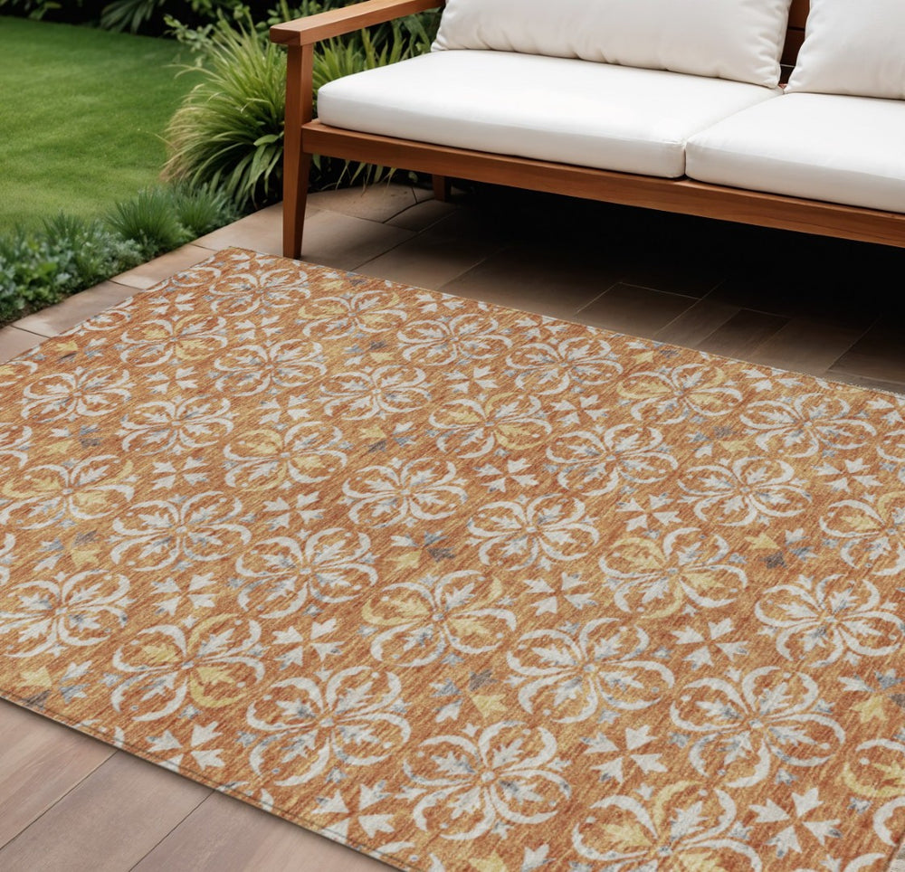 HomeRoots 5' Elegant Copper Gray and Beige Floral Area Rug - Machine Washable, Durable for Indoor & Outdoor Use 10' X 14' 595942