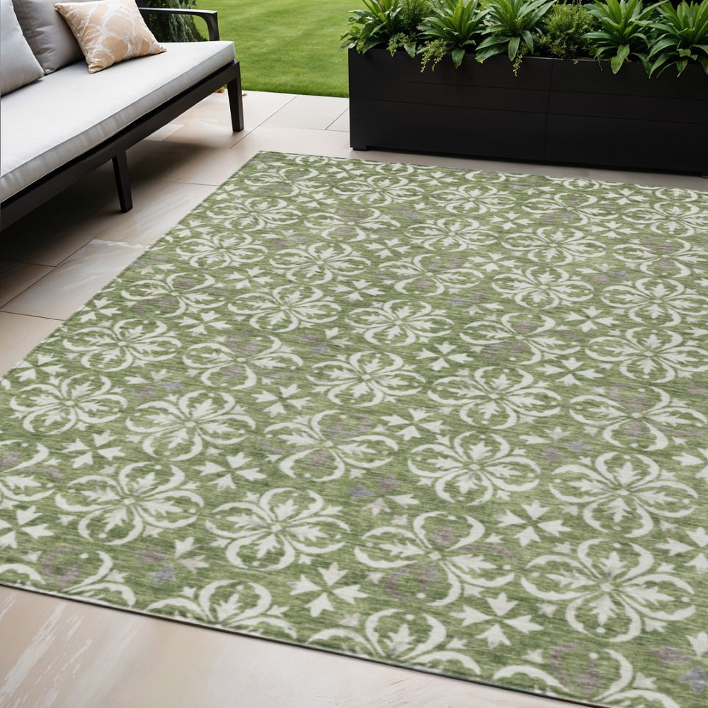 HomeRoots 5' Timeless Floral Area Rug - Durable, Washable Design for Indoor & Outdoor Use in Green, Gray, Ivory 5' X 8' 595944