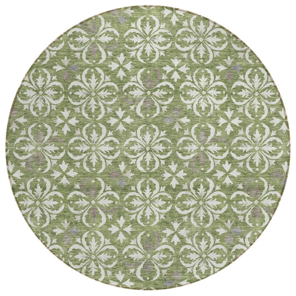 HomeRoots 5' Timeless Floral Area Rug - Durable, Washable Design for Indoor & Outdoor Use in Green, Gray, Ivory 8' Round 595945