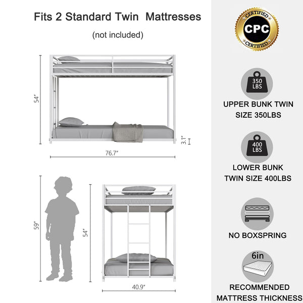 English Elm Same Full-Length Guardrail Metal Twin Bunk Bed Accessory White – Stable, Easy Assemble, Floor-Protecting End Caps B083P170878
