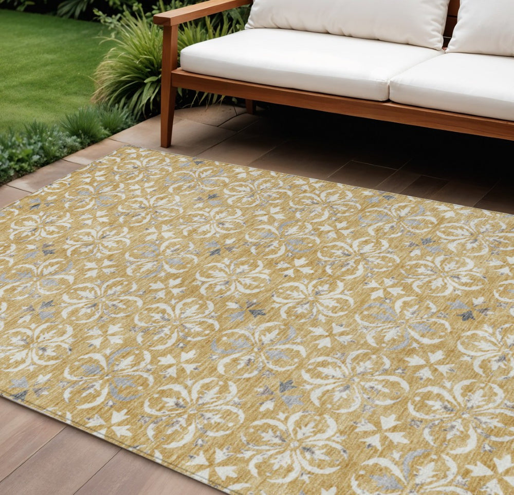 HomeRoots 9' X 12' Elegant Gold Gray Beige Floral Indoor Outdoor Area Rug - Durable, Washable & Stylish! 595953