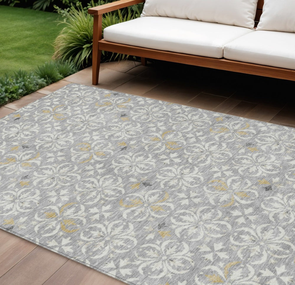HomeRoots 9' Stylish Gray Ivory Brown Floral Washable Indoor/Outdoor Area Rug for High-Traffic Spaces 595959