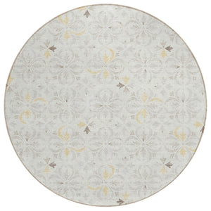 HomeRoots 5' Elegant Ivory Gray and Gold Floral Washable Area Rug for Indoor and Outdoor Spaces, Durable Design 8' Round 595963