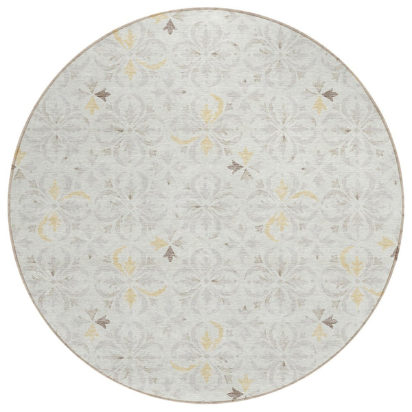 HomeRoots 5' Elegant Ivory Gray and Gold Floral Washable Area Rug for Indoor and Outdoor Spaces, Durable Design 8' Round 595963