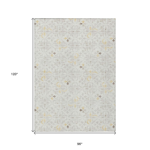 HomeRoots 5' Elegant Ivory Gray and Gold Floral Washable Area Rug for Indoor and Outdoor Spaces, Durable Design 8' X 10' 595964