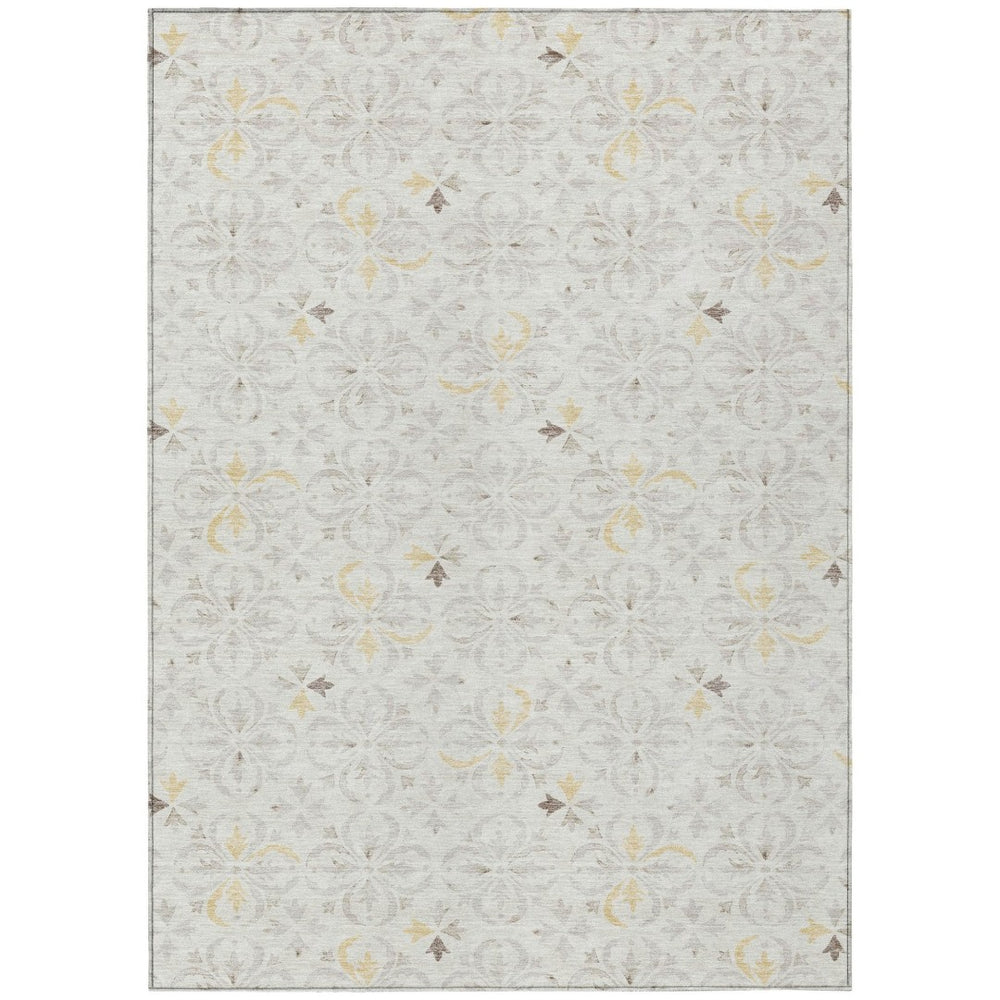 HomeRoots 5' Elegant Ivory Gray and Gold Floral Washable Area Rug for Indoor and Outdoor Spaces, Durable Design 10' X 14' 595966