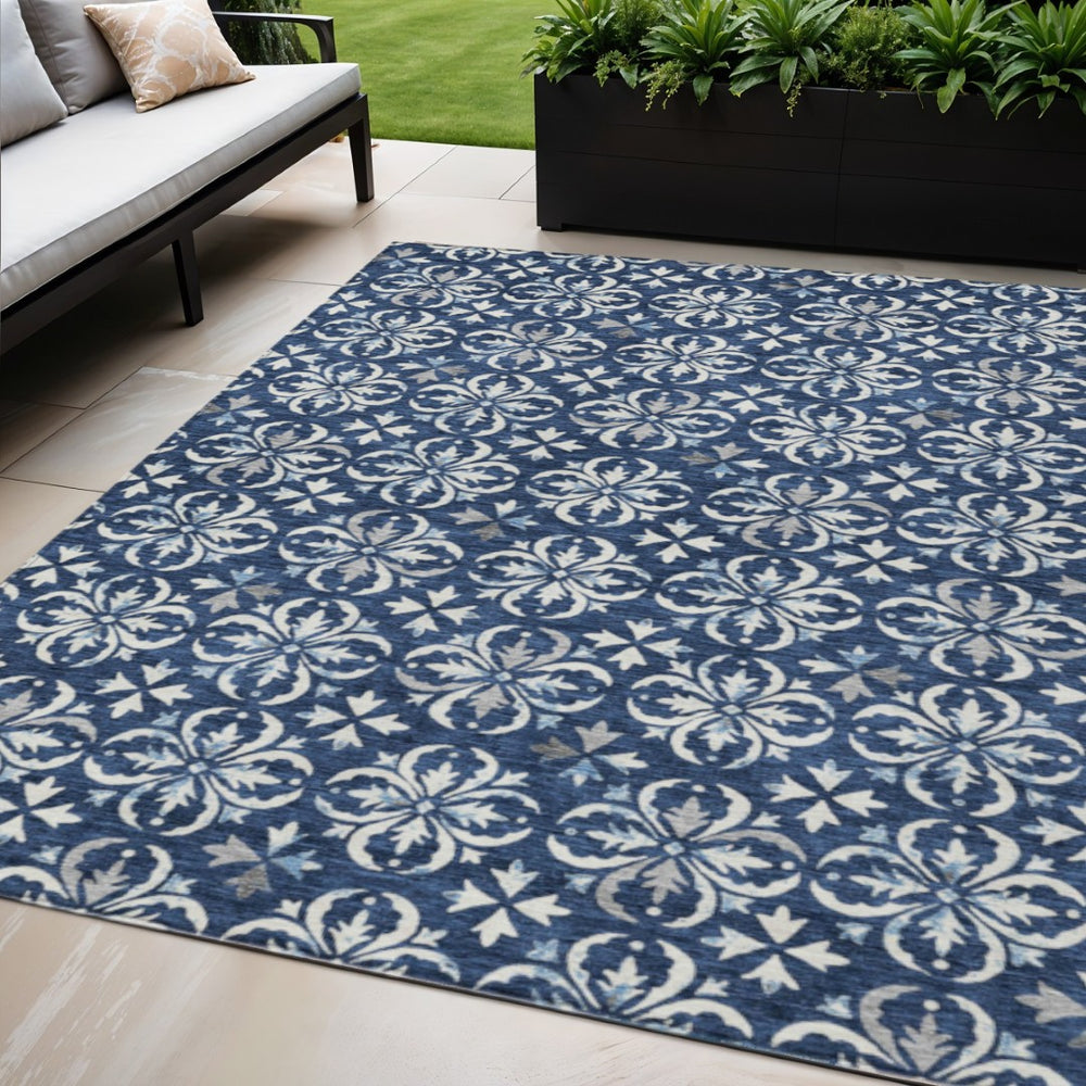 HomeRoots 5' Navy Blue and Ivory Floral Area Rug – Durable, Washable Design for Indoor and Outdoor Spaces 5' X 8' 595974