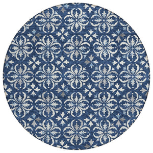 HomeRoots 5' Navy Blue and Ivory Floral Area Rug – Durable, Washable Design for Indoor and Outdoor Spaces 8' Round 595975