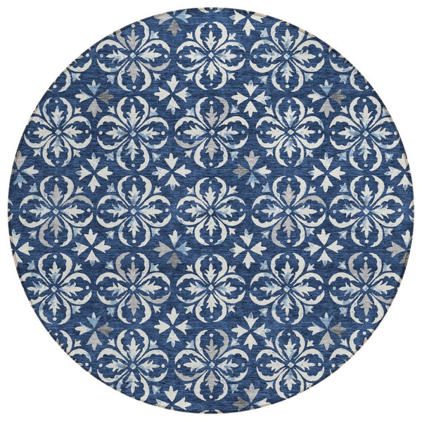 HomeRoots 5' Navy Blue and Ivory Floral Area Rug – Durable, Washable Design for Indoor and Outdoor Spaces 8' Round 595975