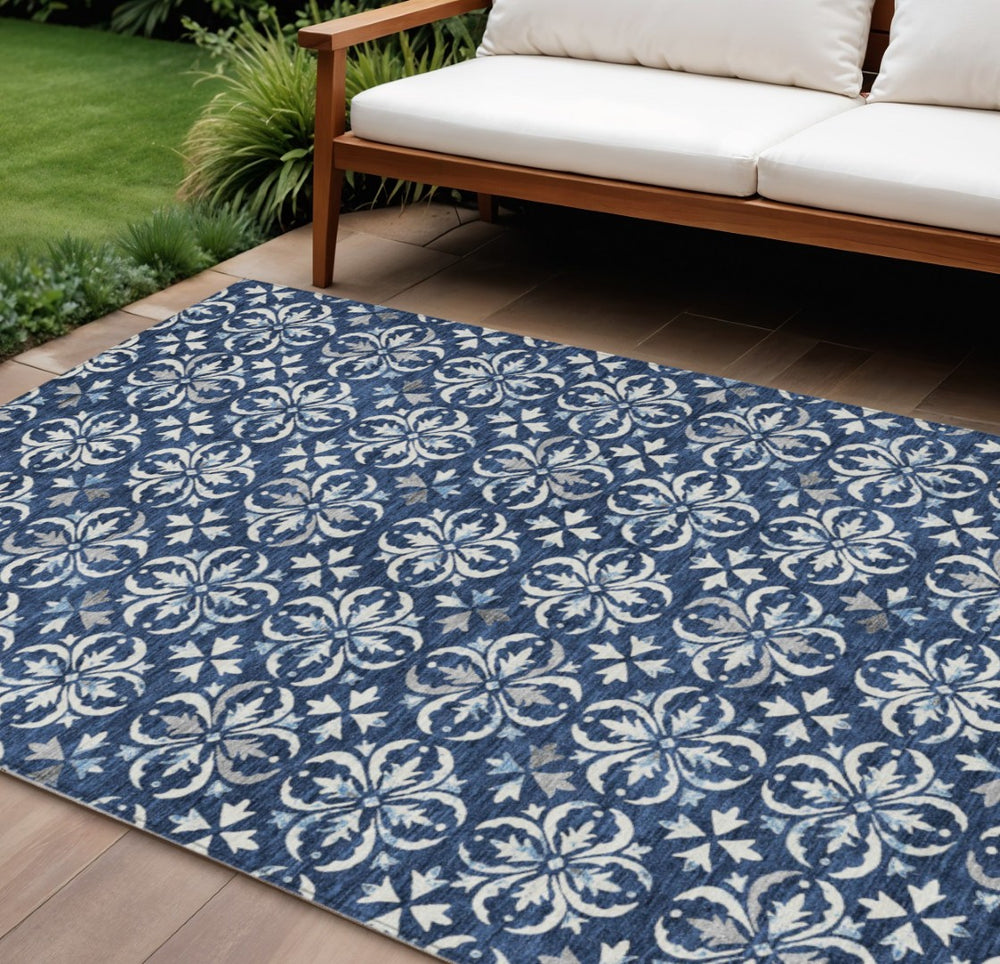 HomeRoots 9' X 12' Navy Blue and Ivory Floral Area Rug - Durable, Washable, Versatile for Indoor & Outdoor Use 595977