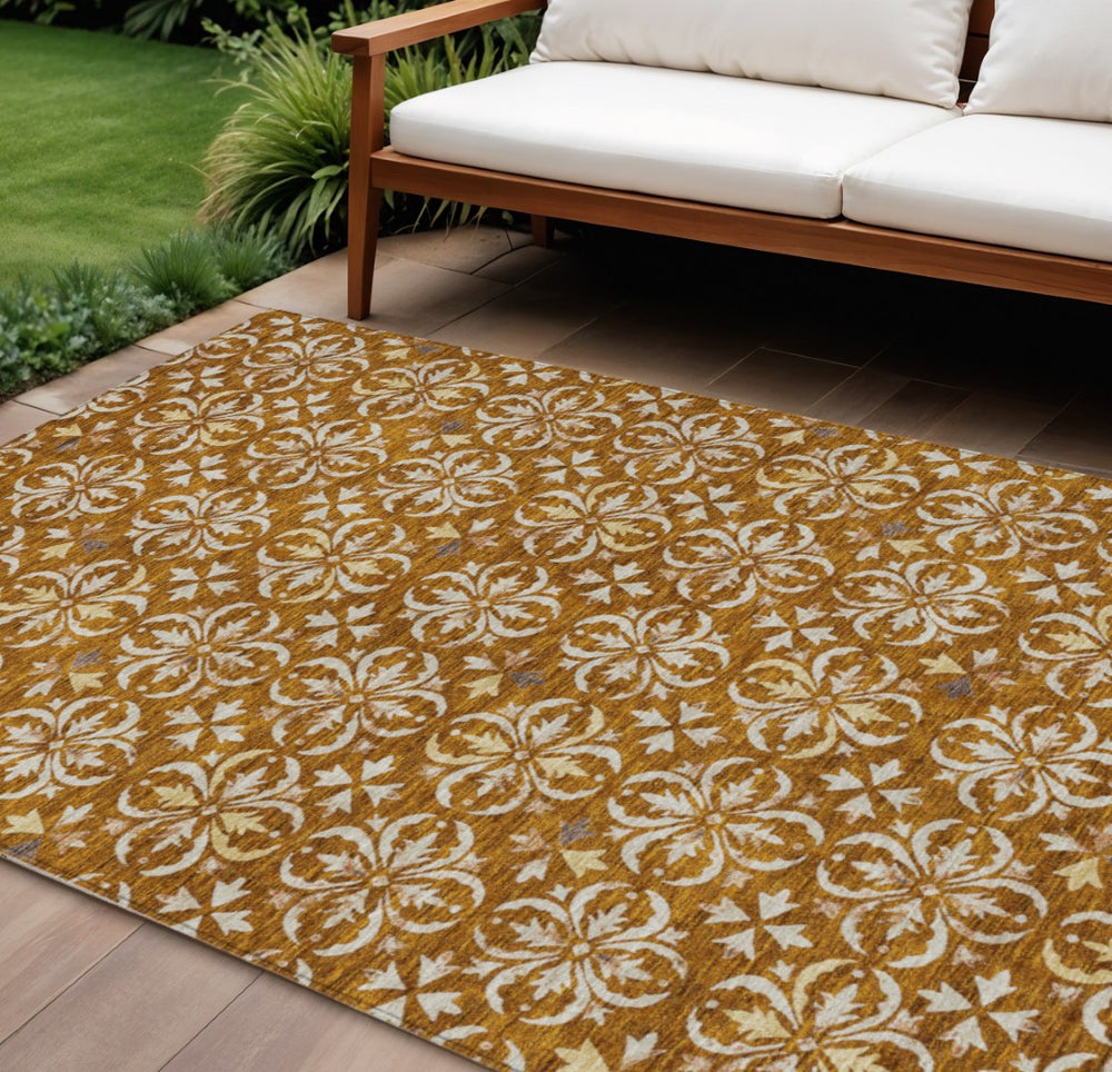 HomeRoots 5' Copper and Beige Floral Area Rug - Stylish, Washable, Durable for Indoor and Outdoor Living Spaces 10' X 14' 595984