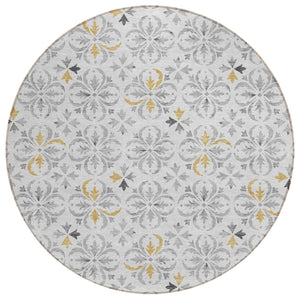 HomeRoots 5' Elegant Silver Gray and Gold Floral Area Rug – Durable, Washable Design for Indoor & Outdoor Use 8' Round 595987
