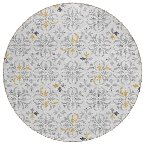 HomeRoots 5' Elegant Silver Gray and Gold Floral Area Rug – Durable, Washable Design for Indoor & Outdoor Use 8' Round 595987