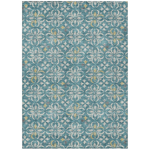 HomeRoots 5' Teal Blue Gray Gold Floral Area Rug - Durable, Washable Design for Indoor & Outdoor Elegance 5' X 8' 595992